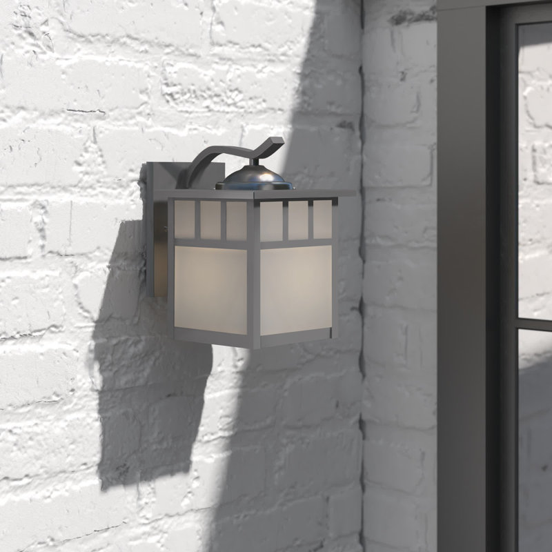 Avaline 9.5 in. H 1-Light Stainless Steel Mission Outdoor Wall Sconce made of Durable Steel, White Tiffany Glass Shade, LED Compatible, Use for Exterior Porch Patio Front Door or Garage