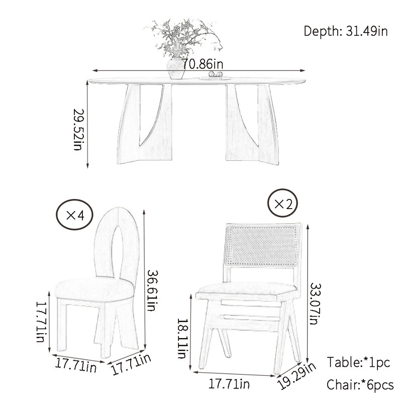 Household solid wood dining table sets, 29.52"H x 70.86"L x 31.49"W