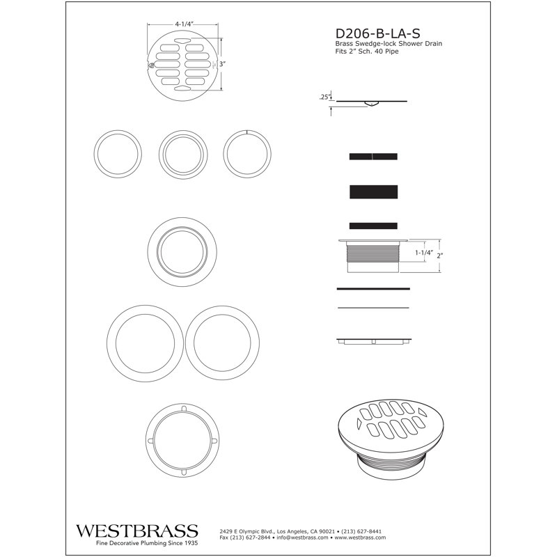 4-1/2" OD Swedge-Lock Shower Drain Body with Grid Cover Plate, Polished Nickel