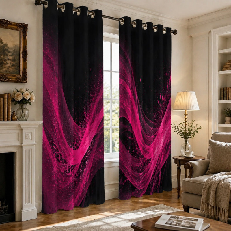 Ensemble de 2 rideaux occultants à motif vague abstrait, design moderne et vibrant rose vif, œillets pour économiser l'énergie et bloquer la lumière, parfaits pour la décoration du salon (Home Dector).