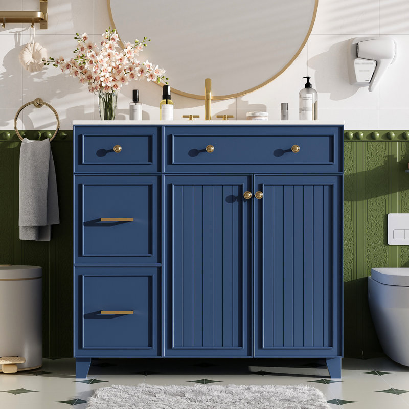 Meuble-lavabo de 36 po avec pied en bois massif, lavabo facile à nettoyer et tiroir à double couche avec tiroir à débordement, portes à fermeture en douceur