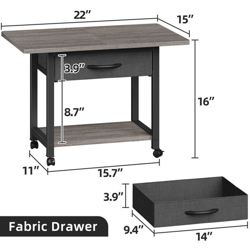 Maycin 22'' Wide Printer Stand with Storage Drawer and Wheels, Gray/Black