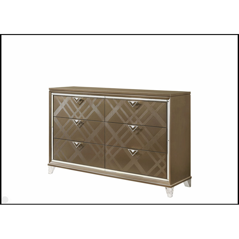 Commode 6 tiroirs Skylar à finition champagne foncé avec bordure biseautée en miroir et pieds en acrylique, solution de rangement élégante et durable