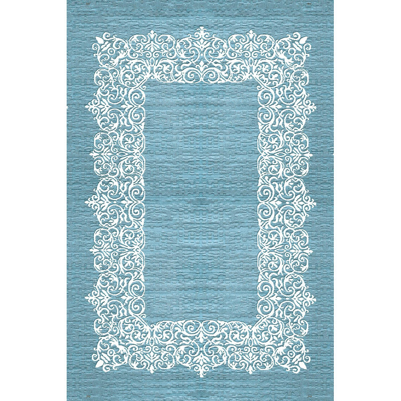 Tapis bleu / blanc en polyester tissé à la machine Berggren, Rectangle 5 pi 3 po x 7 pi 7 po