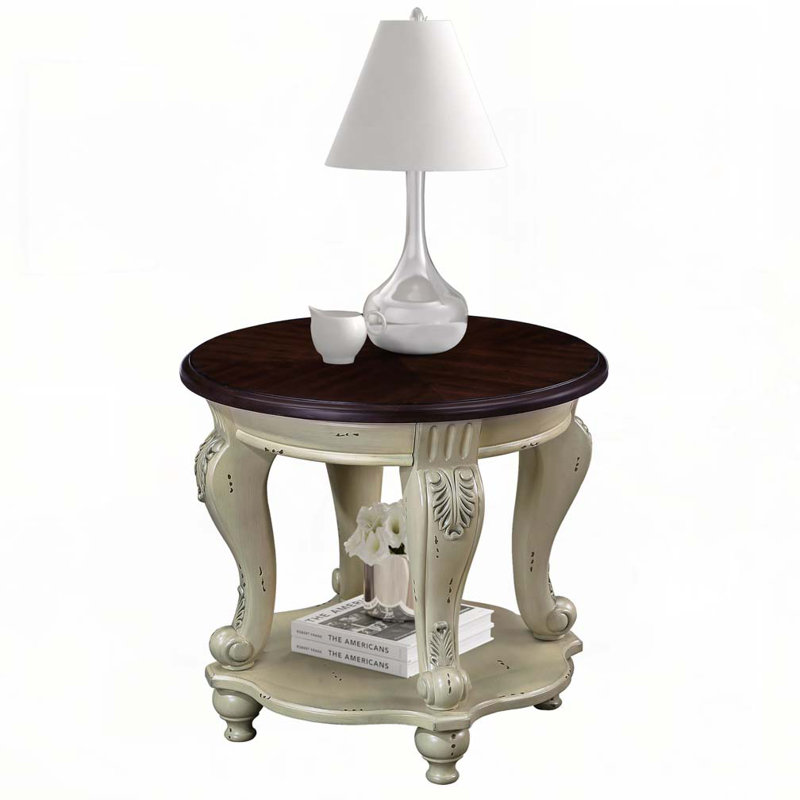 Solid Wood Round End Table with Shelf, Espresso