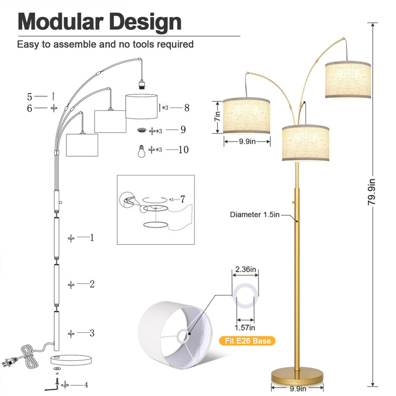 Derlin 80'' Traditional Floor Lamp, Beige, Gold