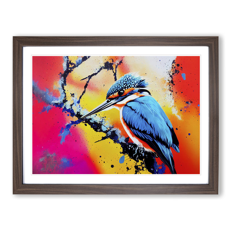 Kingfisher Bird Splashed Vol.2 Abstract - Single Picture Frame Print, Walnut, 46cm H x 64cm W x 2cm D