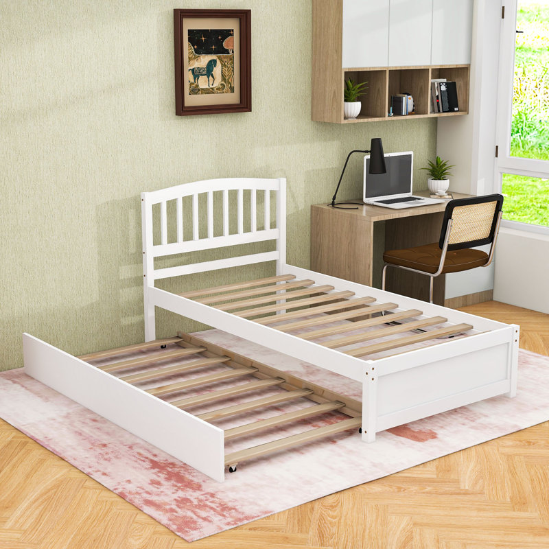 Lit plateforme simple en bois avec lit gigogne simple, Blanc