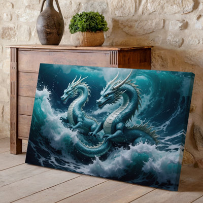 Toile, une majestueuse scène mettant en vedette deux dragons éthérés entrelacés au milieu d'un art mural Tumultous