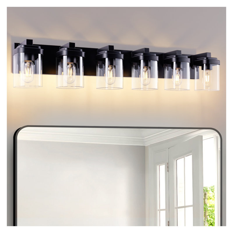 Applique murale pour salle de bain moderne à 6 lumières avec abat-jour en verre transparent mat noir mat moderne
