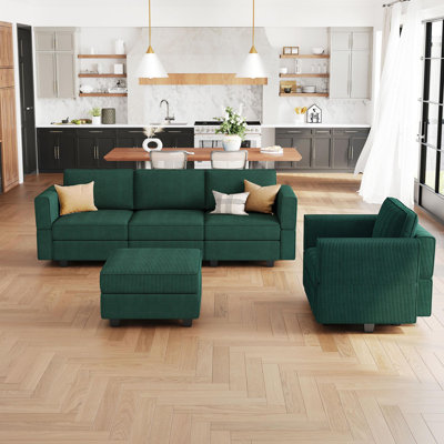 Nairoby 3-Pieces Corduroy Modular Sectional Couch Storage Seat Sofa Set For Apartment Livingroom Lounge, Single Armchair & 3-Seat Sofa & A Storage Ottoman