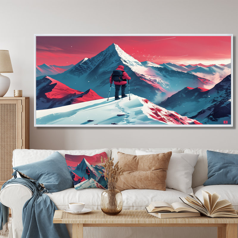 Red Blue Winter Mountain Views Hiking I - Hiking Wall Decor, Cadre flottant blanc, 28" H x 60" W