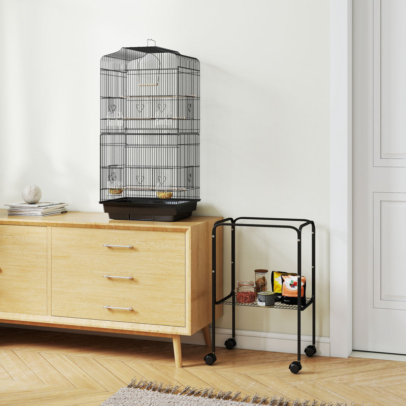Ensemble de démarrage pour cage à oiseaux 60 po en métal avec support à roulettes amovible, panier de rangement et accessoires, noir