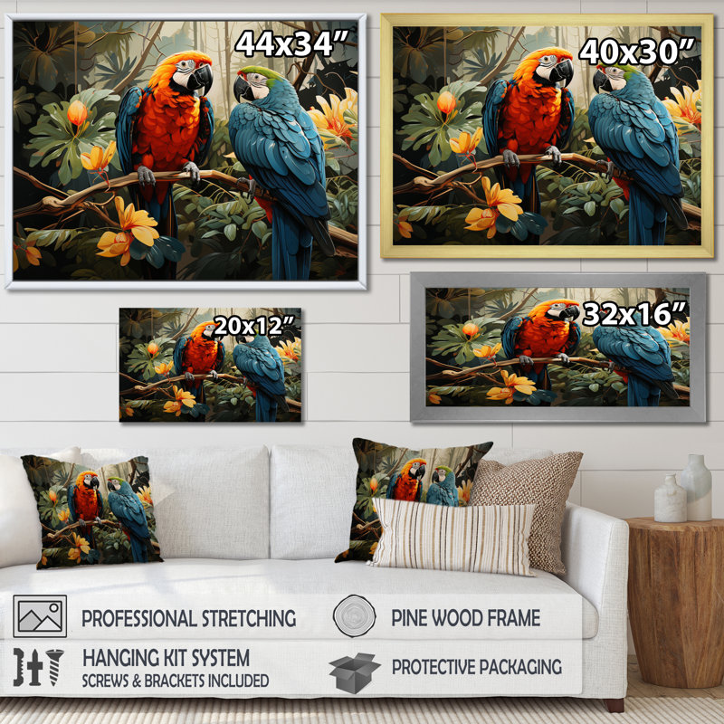 «Tropical Parrot Plumage I», art mural grand perroquet, Cadre simple blanc, H 24 po x l 32 po x P 1 po