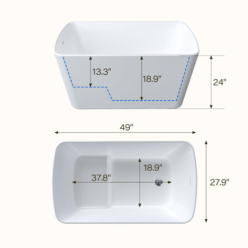 Baignoire îlot de 124 cm (49 pouces) en acrylique, baignoire profonde avec trop-plein et bonde chromés, design compact pour la rénovation des petites salles de bain, installation facile et moderne