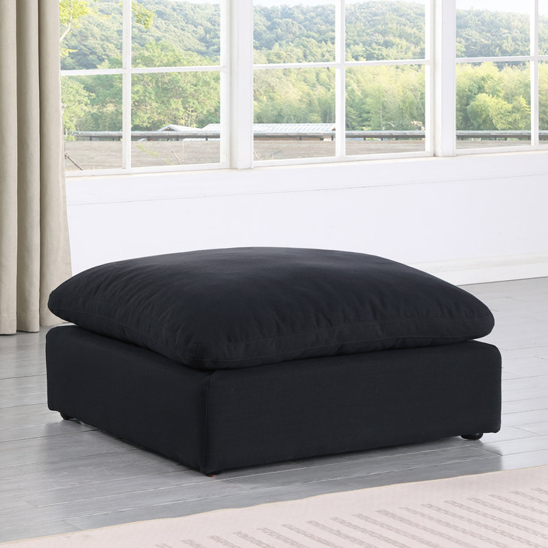 Israar Upholstered Ottoman, Black Linen Textured Fabric