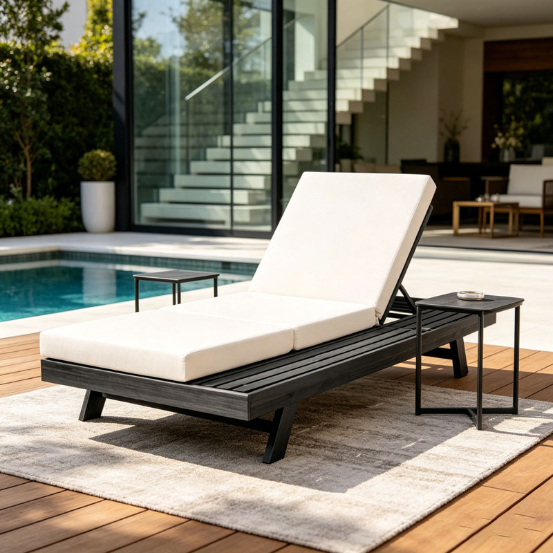 Acacia Wood Lounge Chaise With Water-Resistant Lounge Cushions, Cream & Triple Fold1