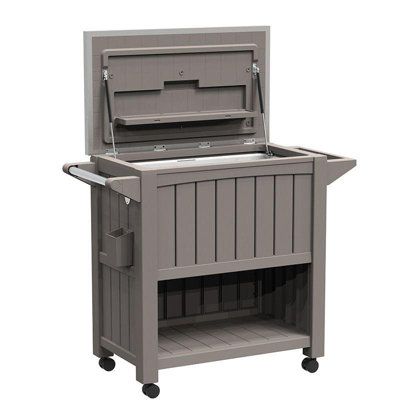 Chariot de service extérieur 3 en 1 avec seau à glace de 80 L, résine résistante aux intempéries avec texture de bois, ouvre-bouteille et roues