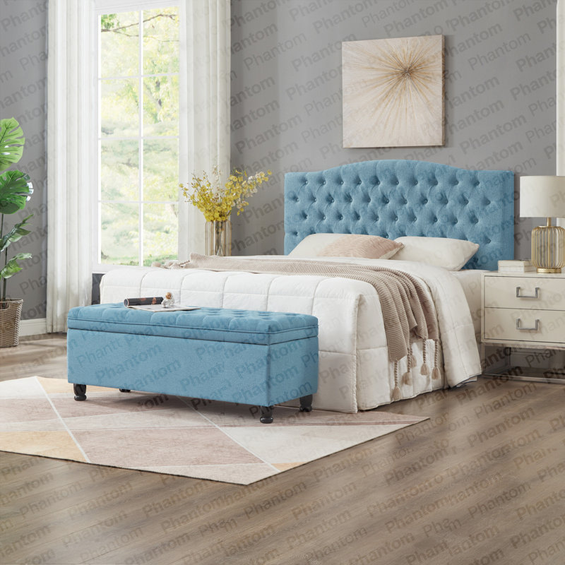 Banc de rangement rembourré capitonné à boutons, banc d'entrée en tissu de lin avec pieds en bois fuselés, banc de lit - bleu clair