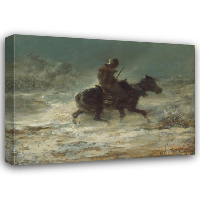 «Man with Lance Riding Through the Snow» par Adolf Schreyer, reproduction d'art sur toile tendue avec châssis