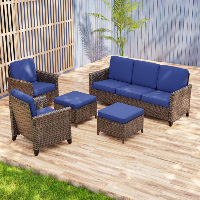 Ensemble de conversation 5 pièces pour patio, ensemble de conversation en osier brun avec canapé 3 places, Bleu