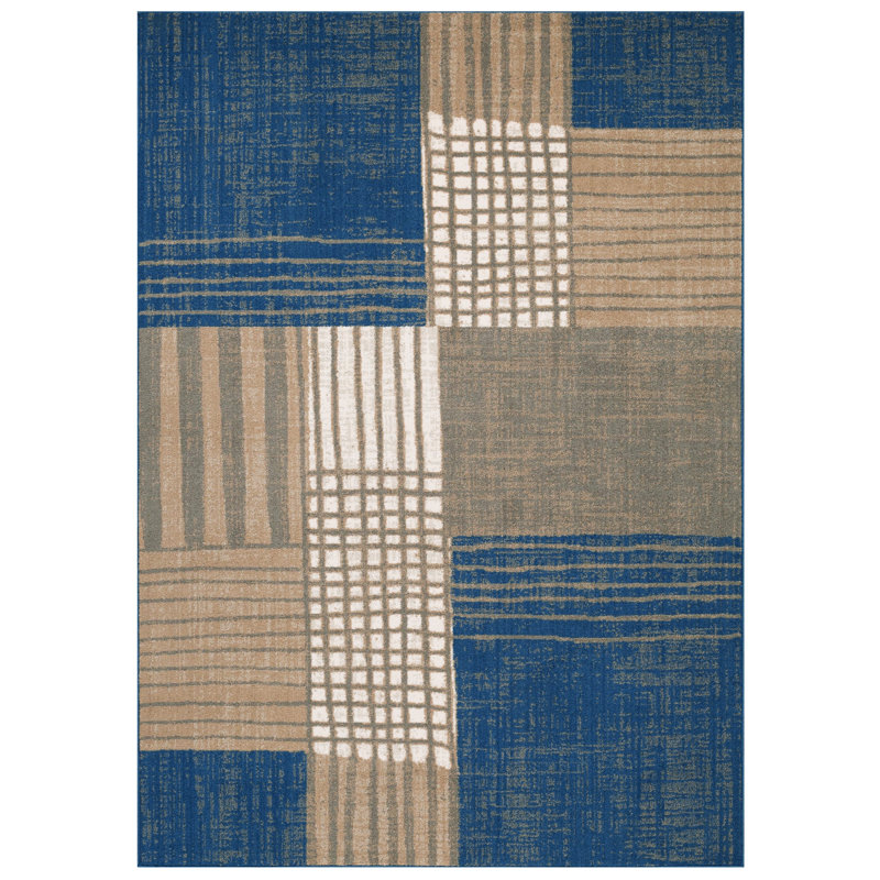 Tapis moderne à carreaux bleu 9X12 Luxe Weavers Incas Collection 184, Rectangle 8 pi x 10 pi