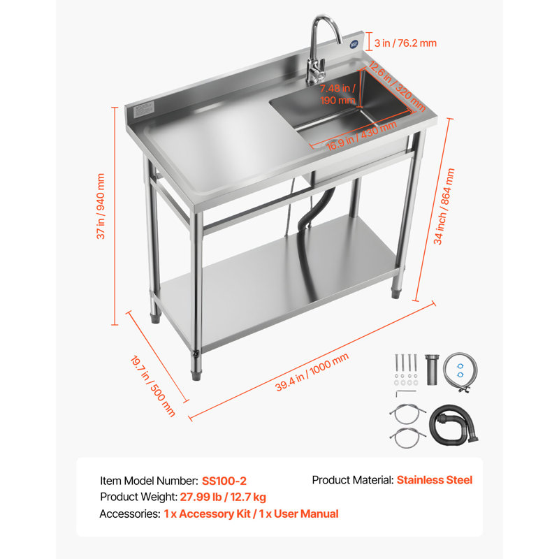 Évier utilitaire en acier inoxydable, évier de cuisine à cuve simple autoportant avec robinet, 39,4 x 19,7 x 37 po, lavabo gauche avec tuyau d'eau chaude et froide pour le garage, le restaurant, la buanderie