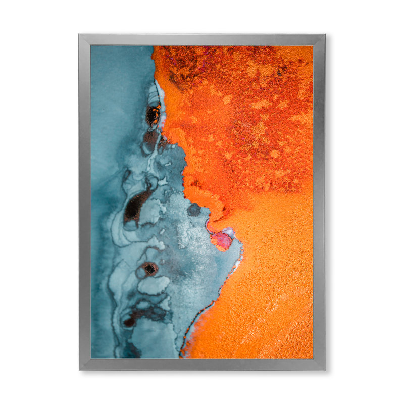 Orange et bleu sur fond de pierre liquide - œuvre d'art moderne sur toile, Toile avec cadre photo argenté