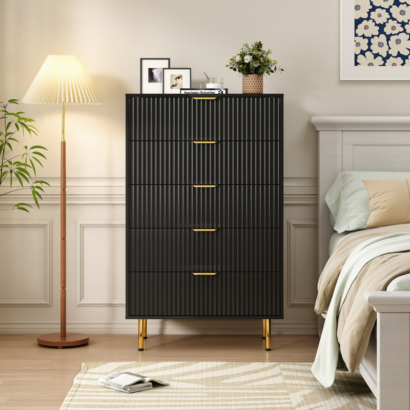 Black Modern 5 Drawers Tall Dresser For Bedroom, Wood Fluted 30'' Wide Chest Of Drawers, Black