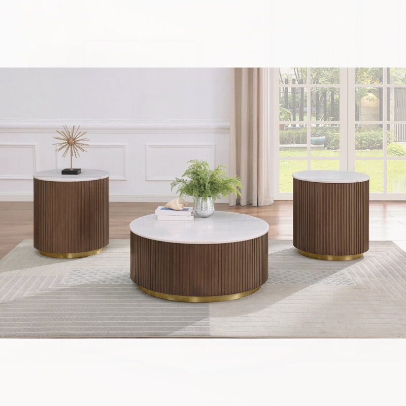 Ensemble de table basse ronde 3 pièces en marbre brun et blanc, Honey