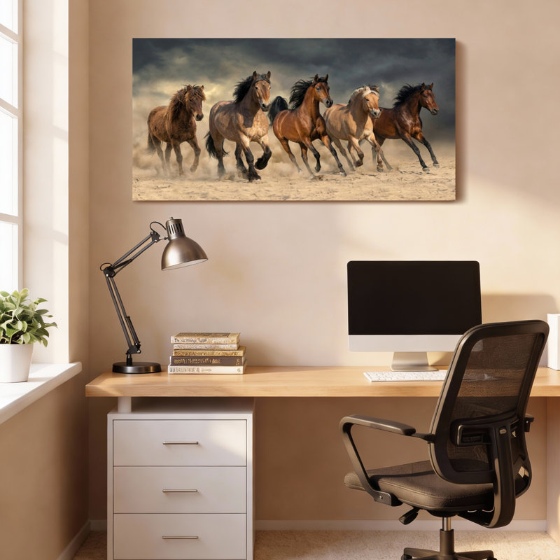 Ensemble de 1 tableau sur toile représentant des chevaux galopant dans le désert, H 16 po x l 32 po