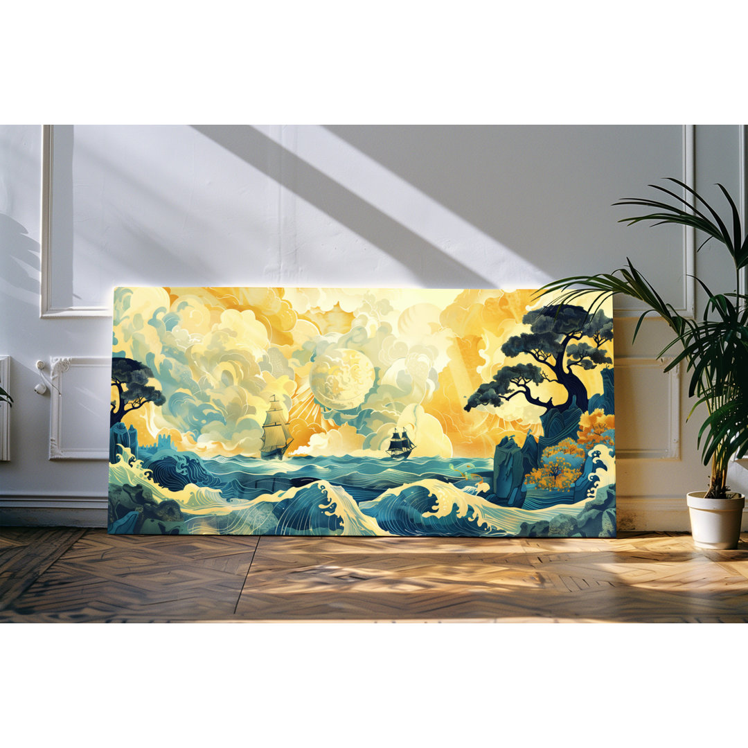 Leinwandbild gerahmt 120x60cm Meer Schiffe Ozean Wellen Kunstvoll Farbenfroh