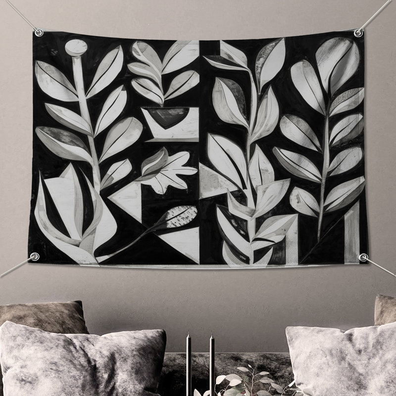 Black White Foliage Art Wall Tapestry - Foliage Wall Decor, 68in H x80in W with 4 Grommets