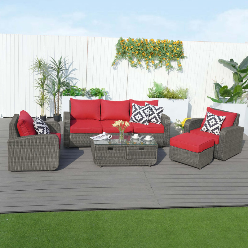 Wicker 5 - Person Patio Conversation Set with Cushions, Gray, Red