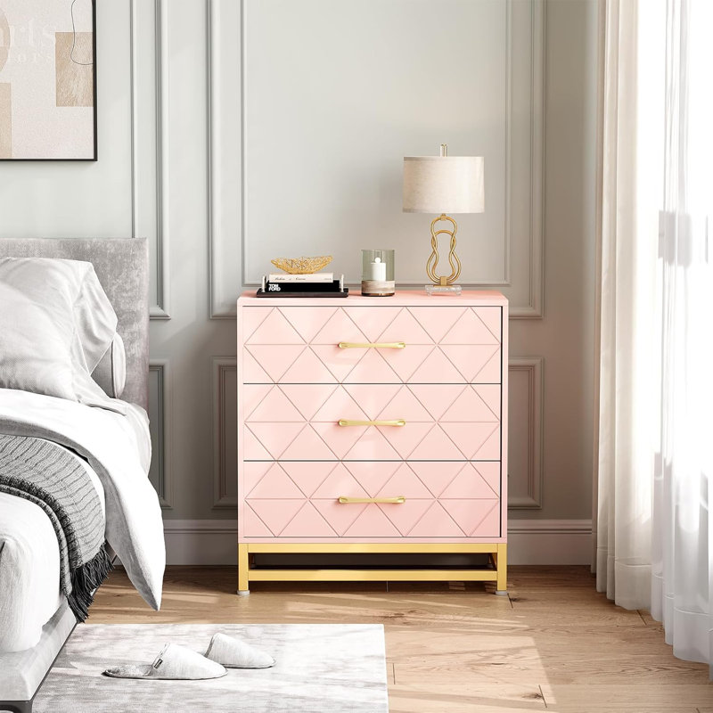 Commode 3 tiroirs pour chambre à coucher, commode avec rangement, table de chevet avec tiroirs, Rose