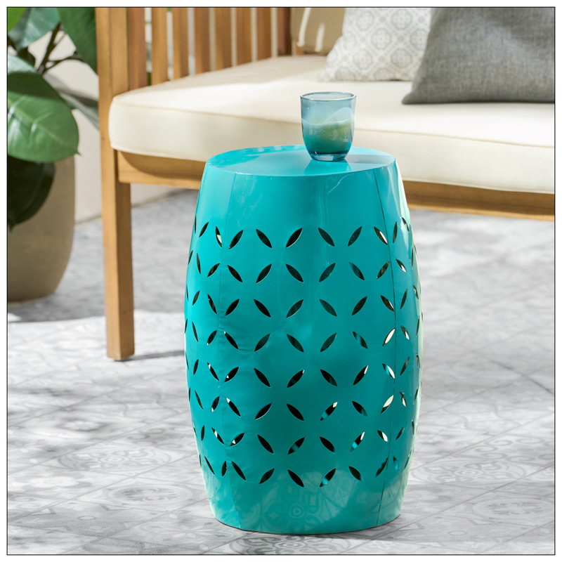Teal Metal Lace Cut Barrel Accent Table