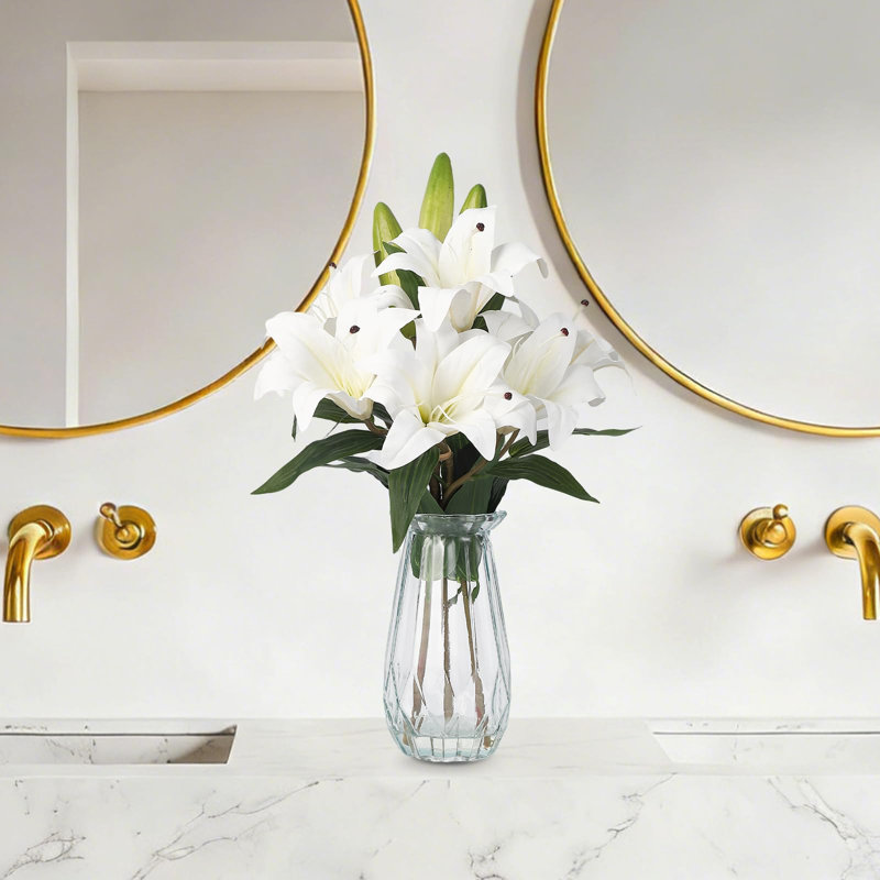 Faux fleurs de lys avec vase, 6 têtes de lys en pleine floraison et 3 bourgeons pour la maison, Blanc
