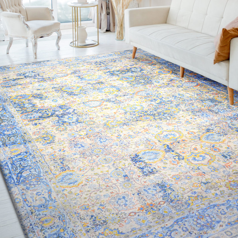 Hand Knotted Abstract Area Rug in Blue/Gold/Gray, Rectangle 5' x 8'