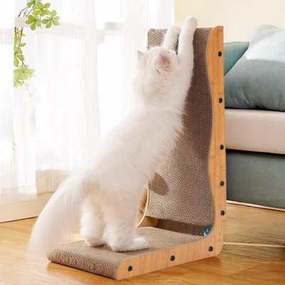 25\.6'' Modern L Shape Cat Scratcher, Vertical Cat Scratching Board With Ball Toys, Protecting Furniture Cardboard Scratching Pad For Indoor Cats