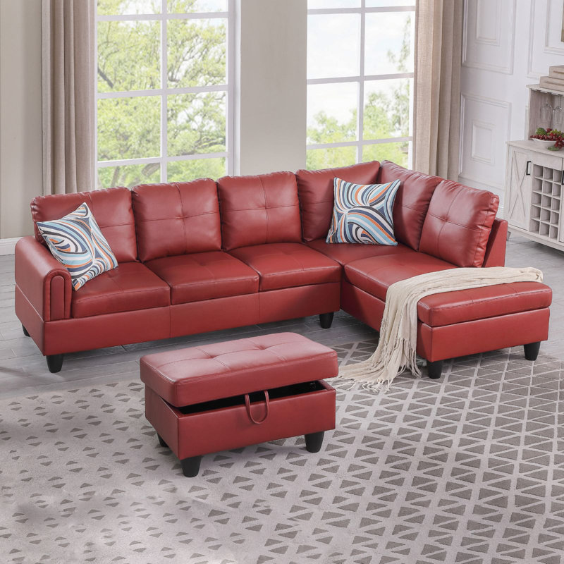 Jayzen 3 - Piece Vegan Sectional, Right Hand Facing, Red Faux Leather, Black