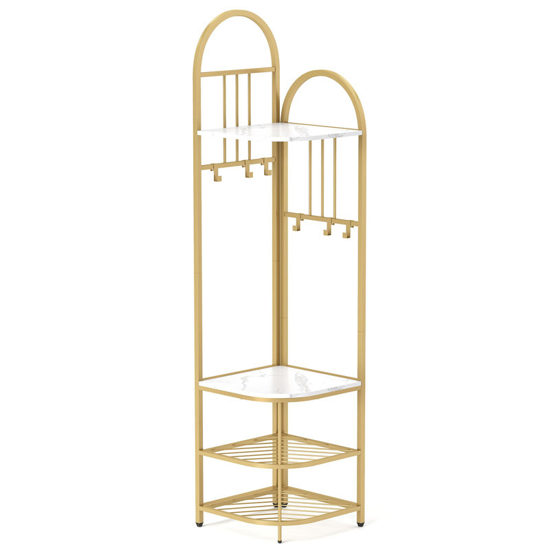 4-Tier Coat Rack 180Cm Tall Entryway Shoes Shelf Organizer, Gold/White