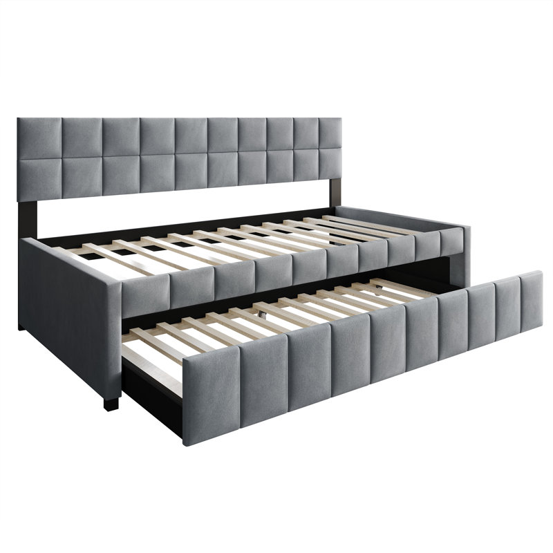 Twin Daybed Velvet With Trundle, Light Gray