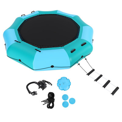 15FT Inflatable Water Trampoline – Floating Bounce Platform for Lake, Ocean, or Pool with Pump, Rope Ladder, Anchor Bags – 408 lb Capacity – Blue Green