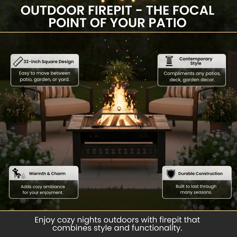 Ellett Fire Pit - 32-Inch Outdoor Firepit Table with Screen, Cover, and Poker - Outdoor Fire Pits for Backyard, Deck, Patio, or Porch by Pure Garden