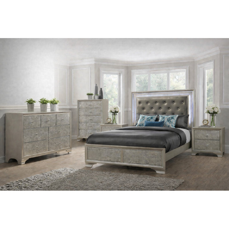 Ensemble de chambre à coucher de luxe à panneau tapissier avec capitonnage à DEL de couleur champagne, 5 pièces