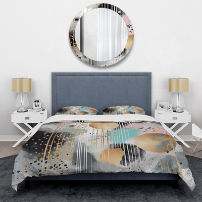 Grey And Gold Pastel Stripes Melody I - Abstract Modern Shapes Duvet Cover Set