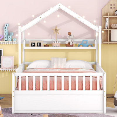 Contemporary Bed Frame-Wooden Full Size House Bed With Twin Size Trundle, Bed With Shelf -  Harper Orchard, 8E422692FD0A4909B5116ABEF7600E02