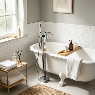WOWOW Brass Freestanding Floor‑Mount Bathtub Faucet with Hand Shower