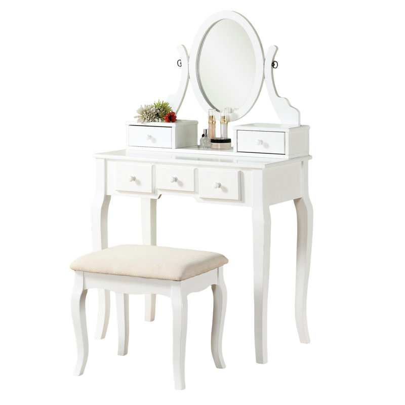 Paire de coiffeuse et miroir en bois blanc avec miroir ajustable et 5 tiroirs pour coiffer la table de maquillage
