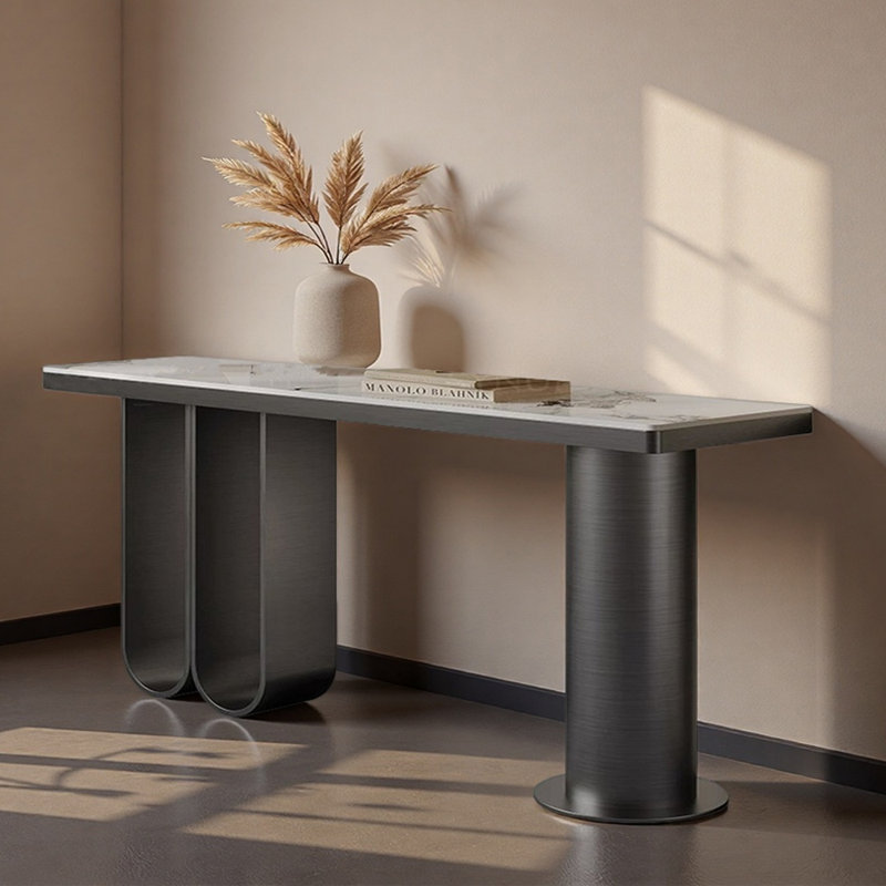 Console de hall d'entrée en acier inoxydable Minimalist Modern, H 33,5 po x l 63 po x P 13,8 po, Blanc, crème, Noir